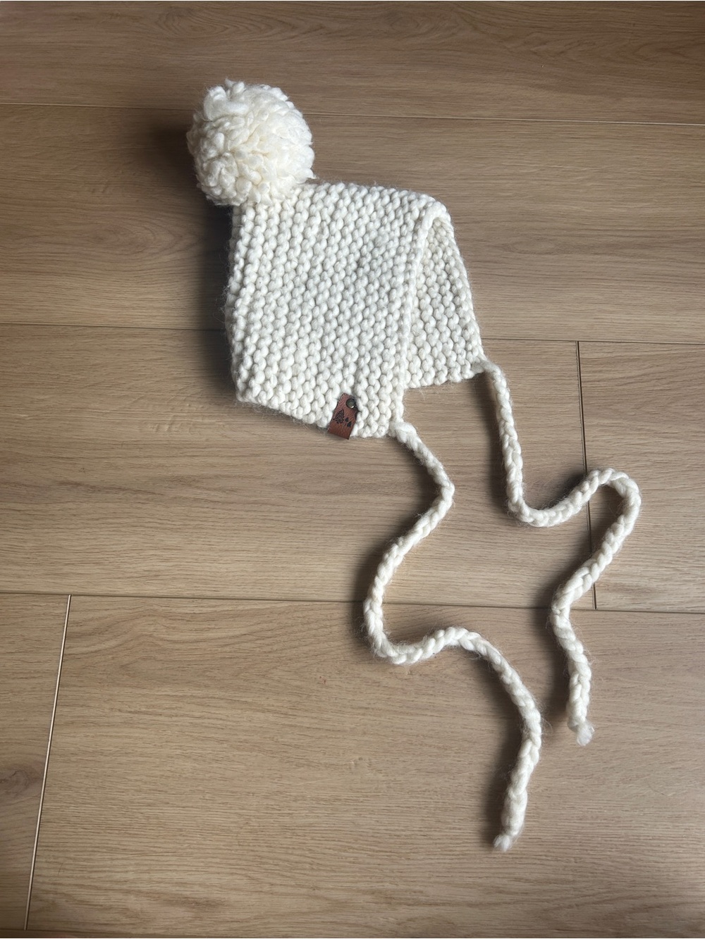 Cozy Kids Cream Knit Pom Pom Hat with Ties